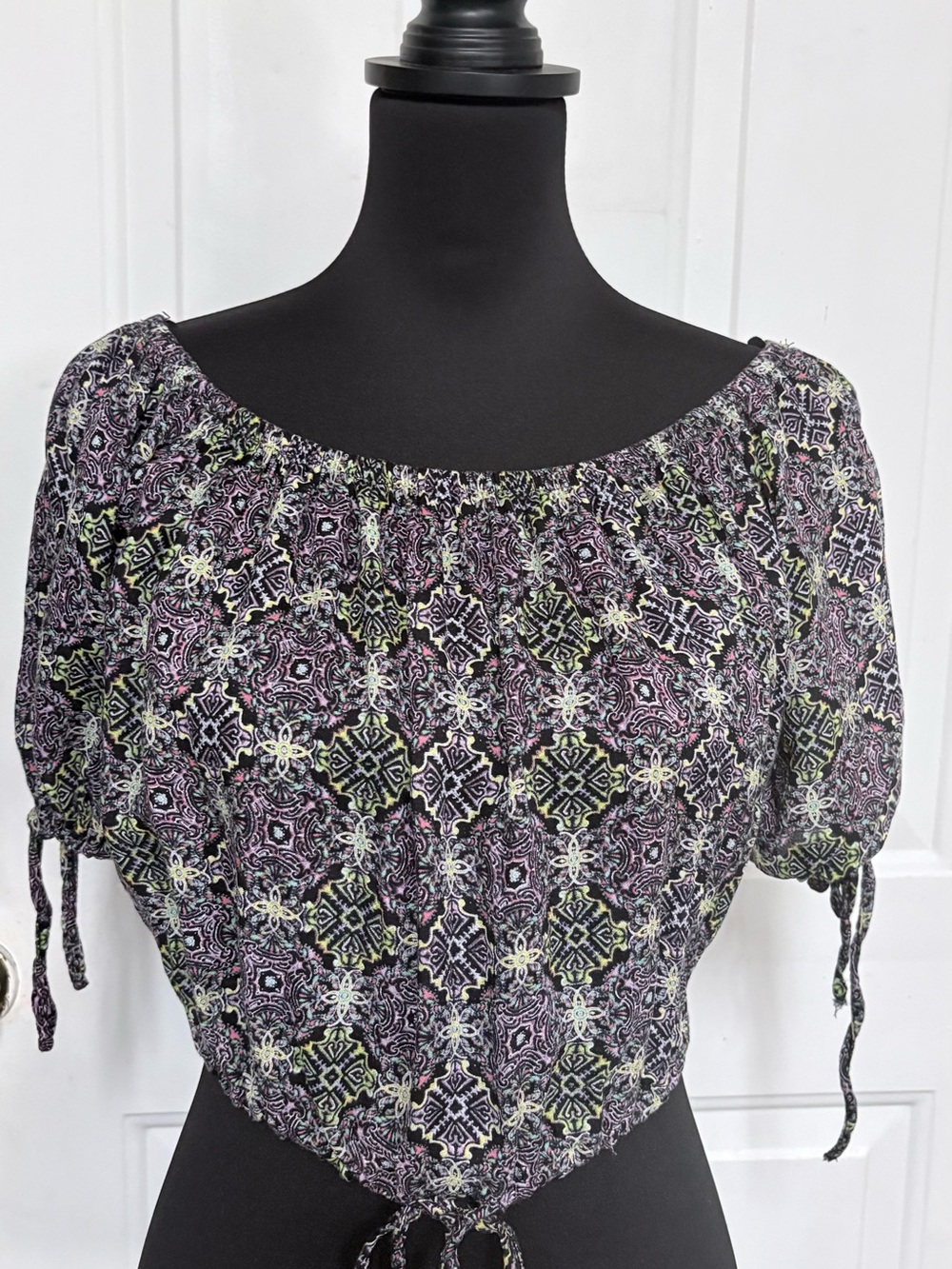 Free People Cropped Off-Shoulder Tie-Hem Top in Black and Purple